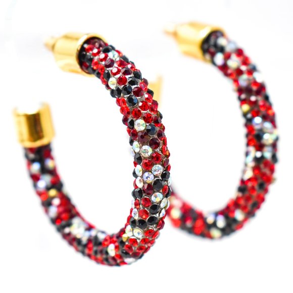 1.75" Black/Red/AB Pave Wrap Rhinestone Hoops (B) - Picture 8 of 12